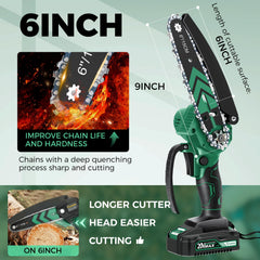 Saker Mini Chainsaw 6 Inch side view with battery