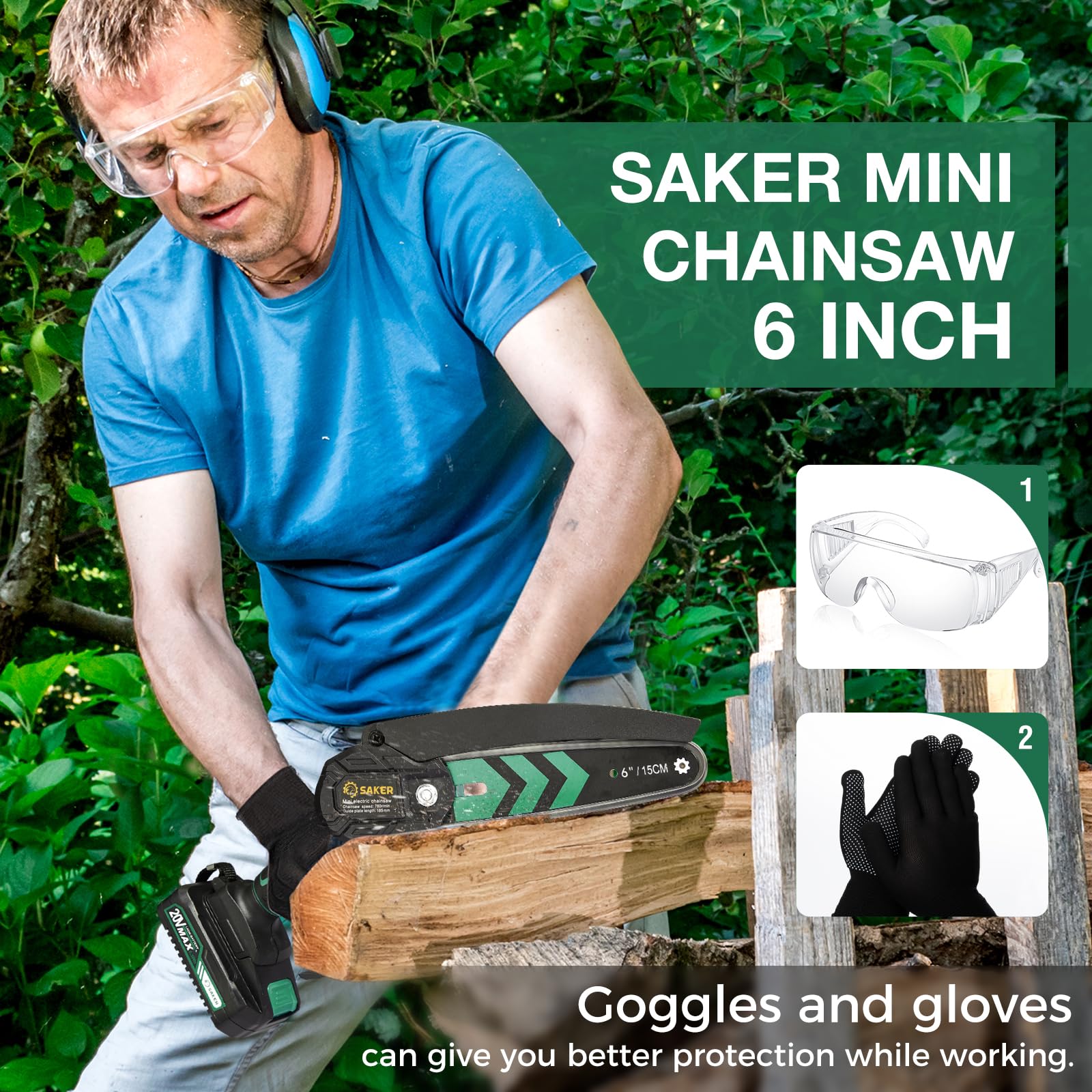 Saker Mini Chainsaw 6 Inch with both batteries