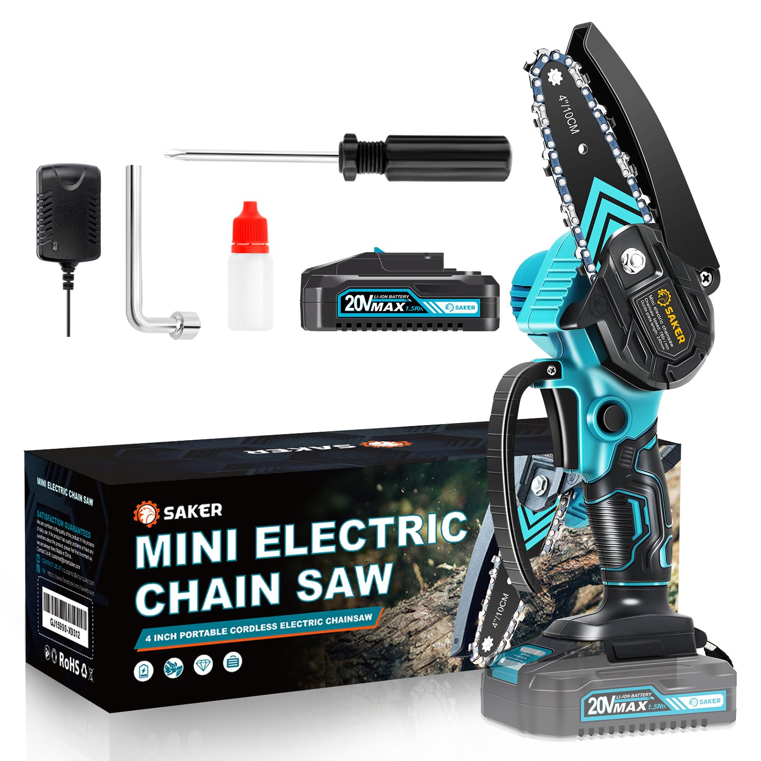 Saker Mini Chainsaw cordless, 4-inch blue model front view