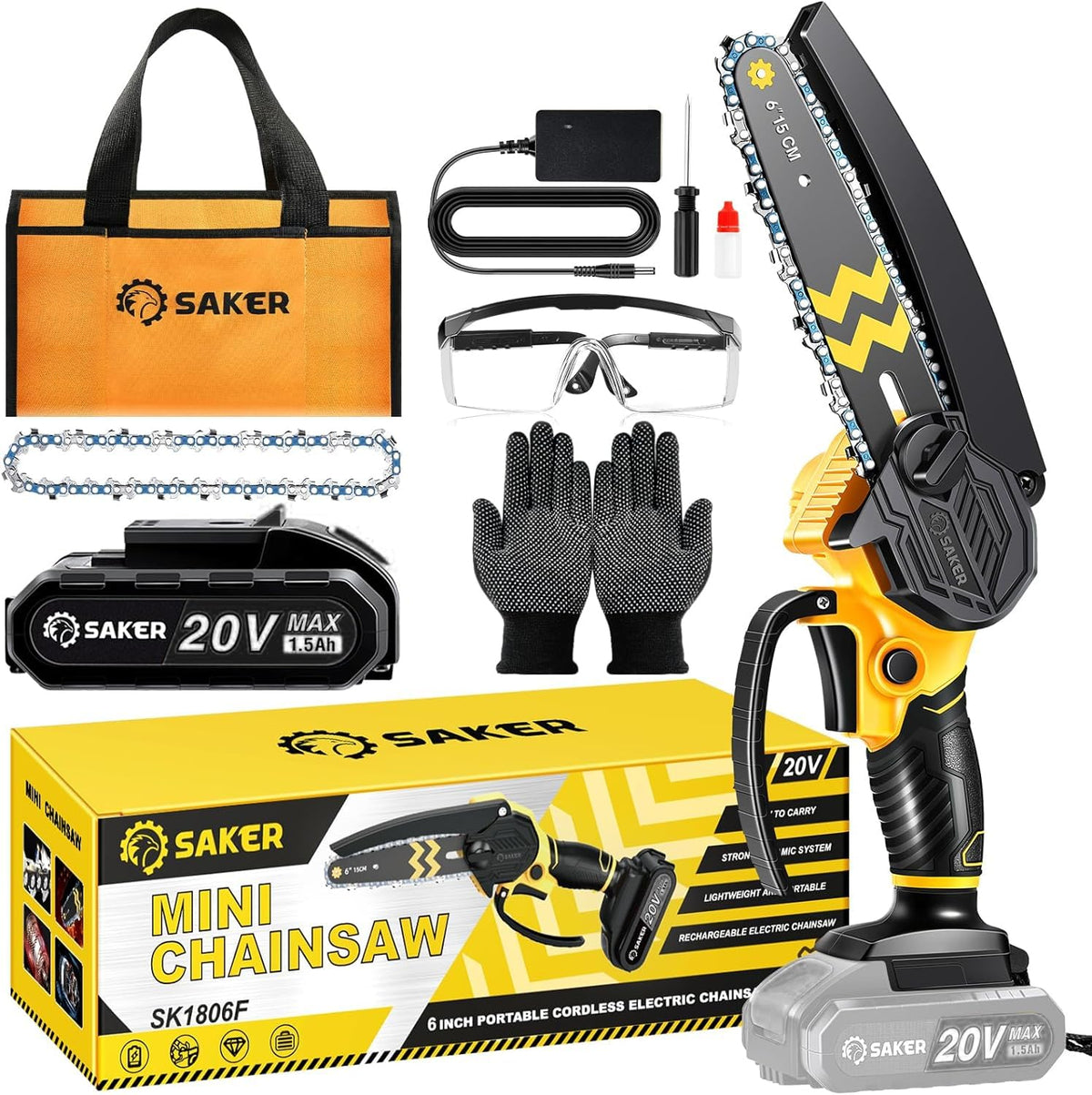 Saker Mini Chainsaw cordless 6-inch front view in yellow