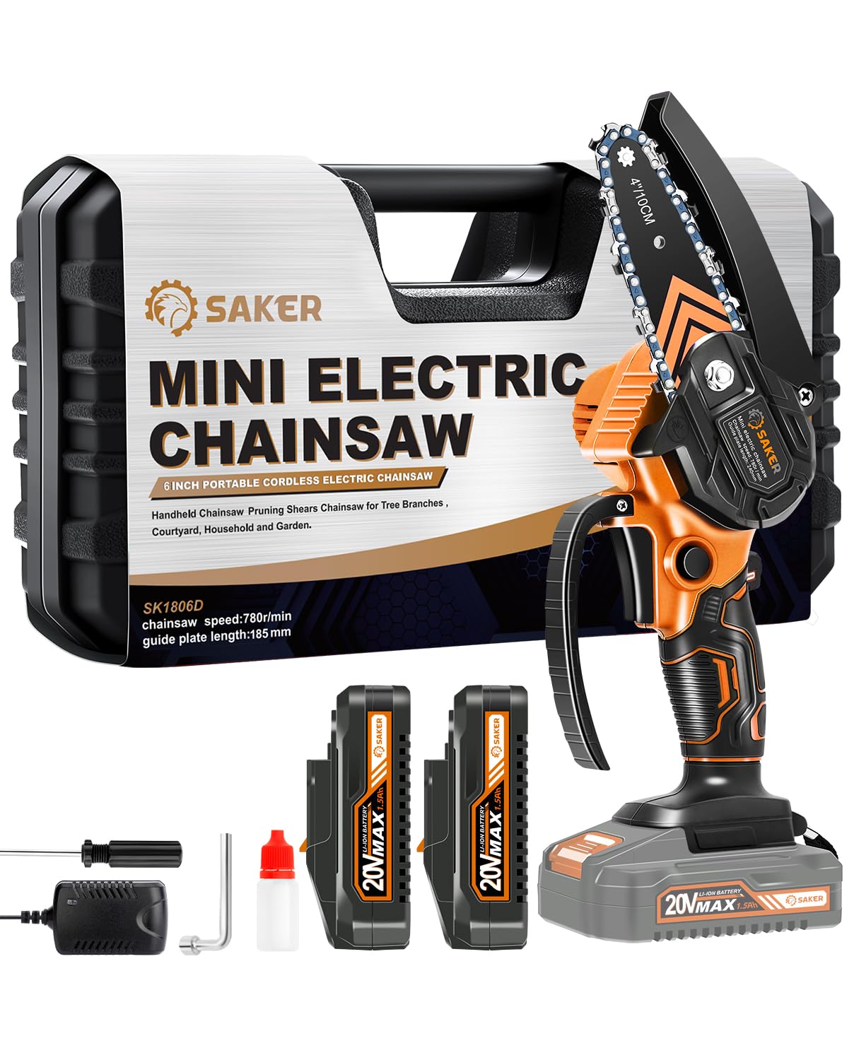 Saker Mini Chainsaw cordless model front view in orange