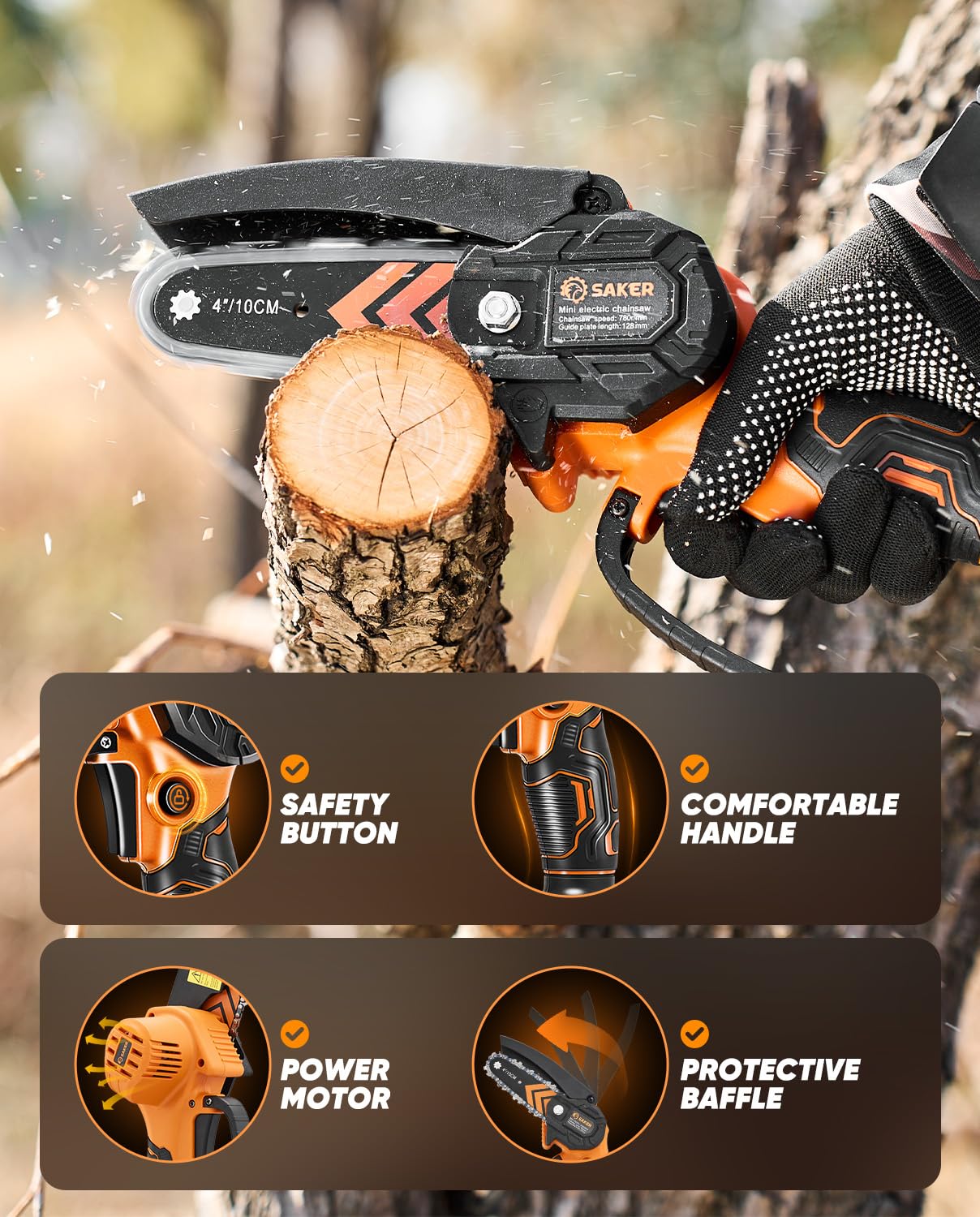 Saker Mini Chainsaw cutting a small branch