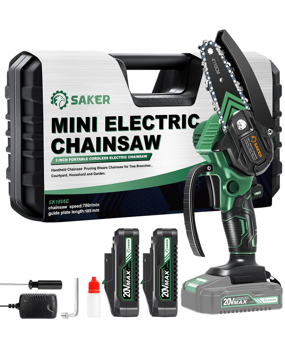 Saker Mini Chainsaw Electric front view with battery