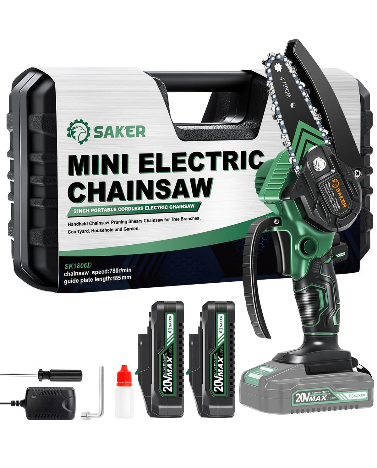 Saker Mini Chainsaw Electric front view with battery