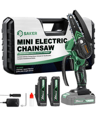 Saker Mini Chainsaw Electric front view with battery
