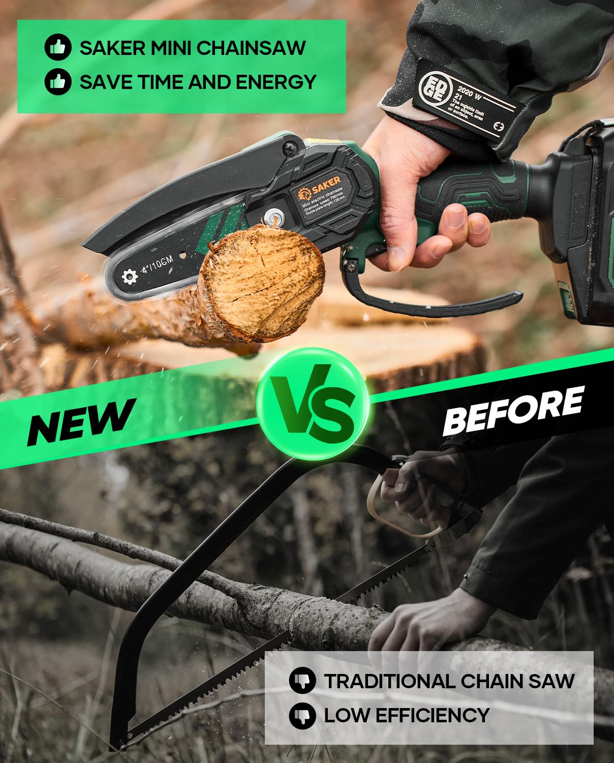 Saker Mini Chainsaw Electric in action cutting a branch