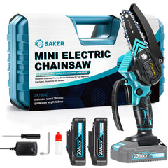 Saker Mini Chainsaw front view with blue body and guide bar