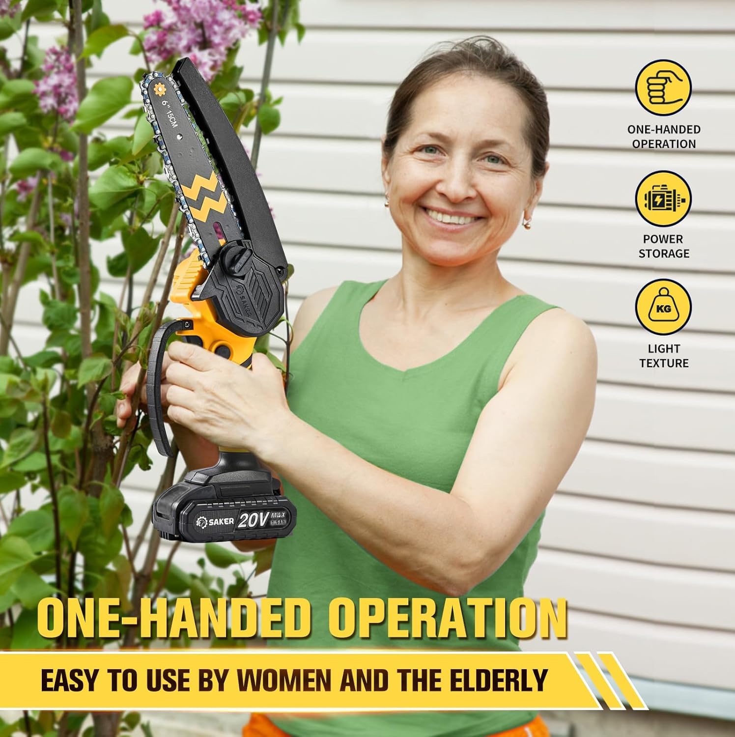 Saker Mini Chainsaw in packaging, showcasing included battery