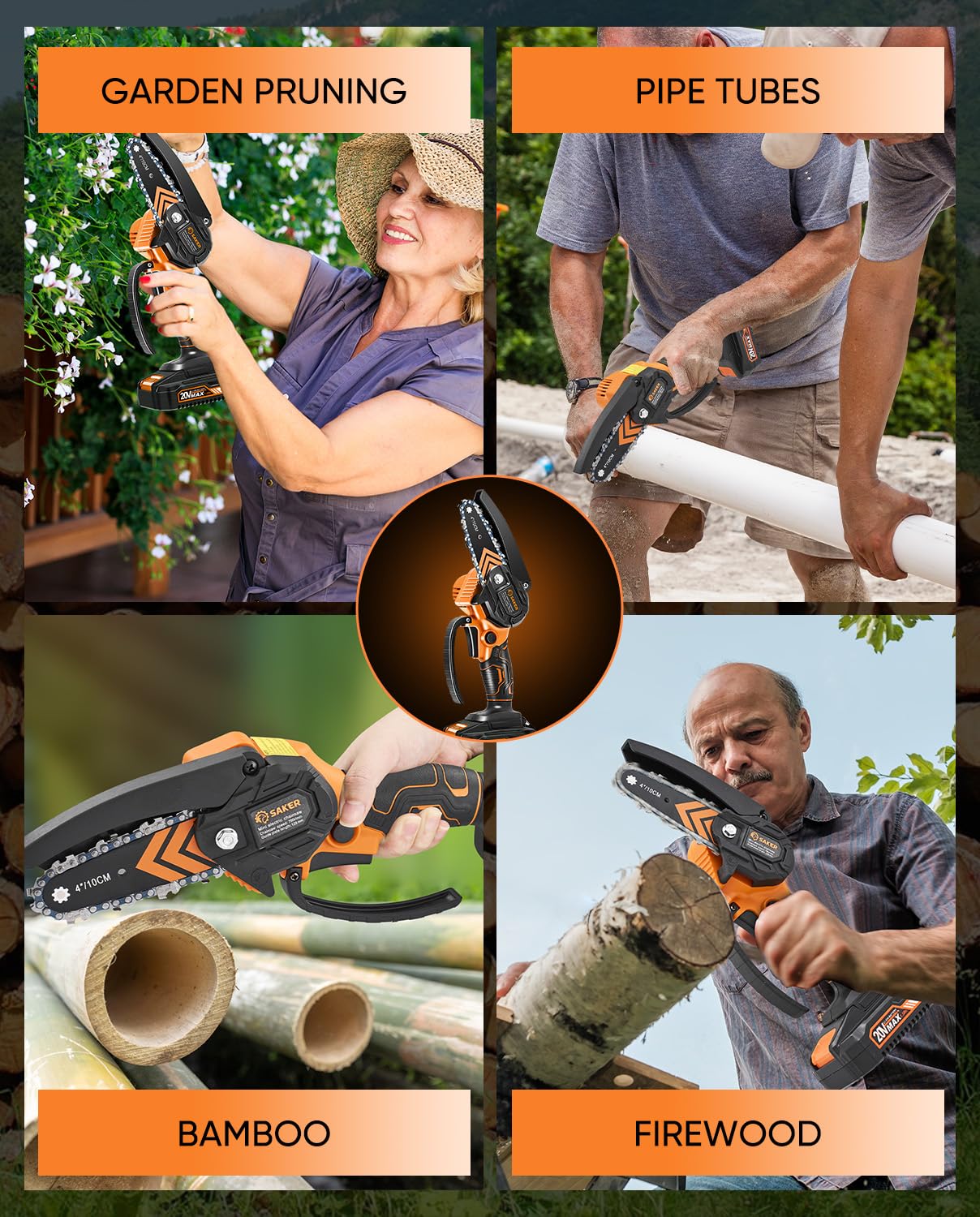 Saker Mini Chainsaw in use by a person
