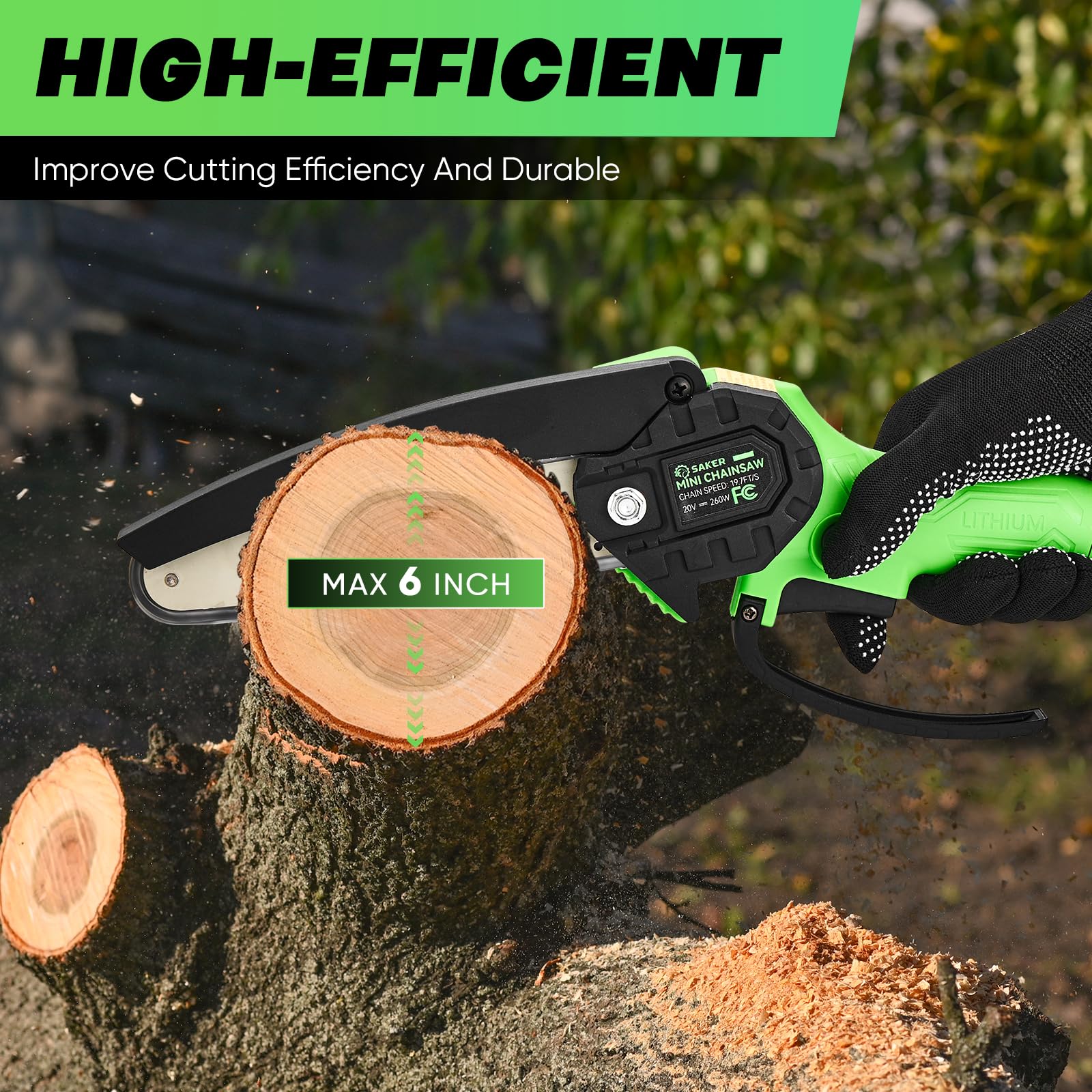 Saker Mini Chainsaw showing cordless design and battery