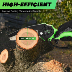 Saker Mini Chainsaw showing cordless design and battery