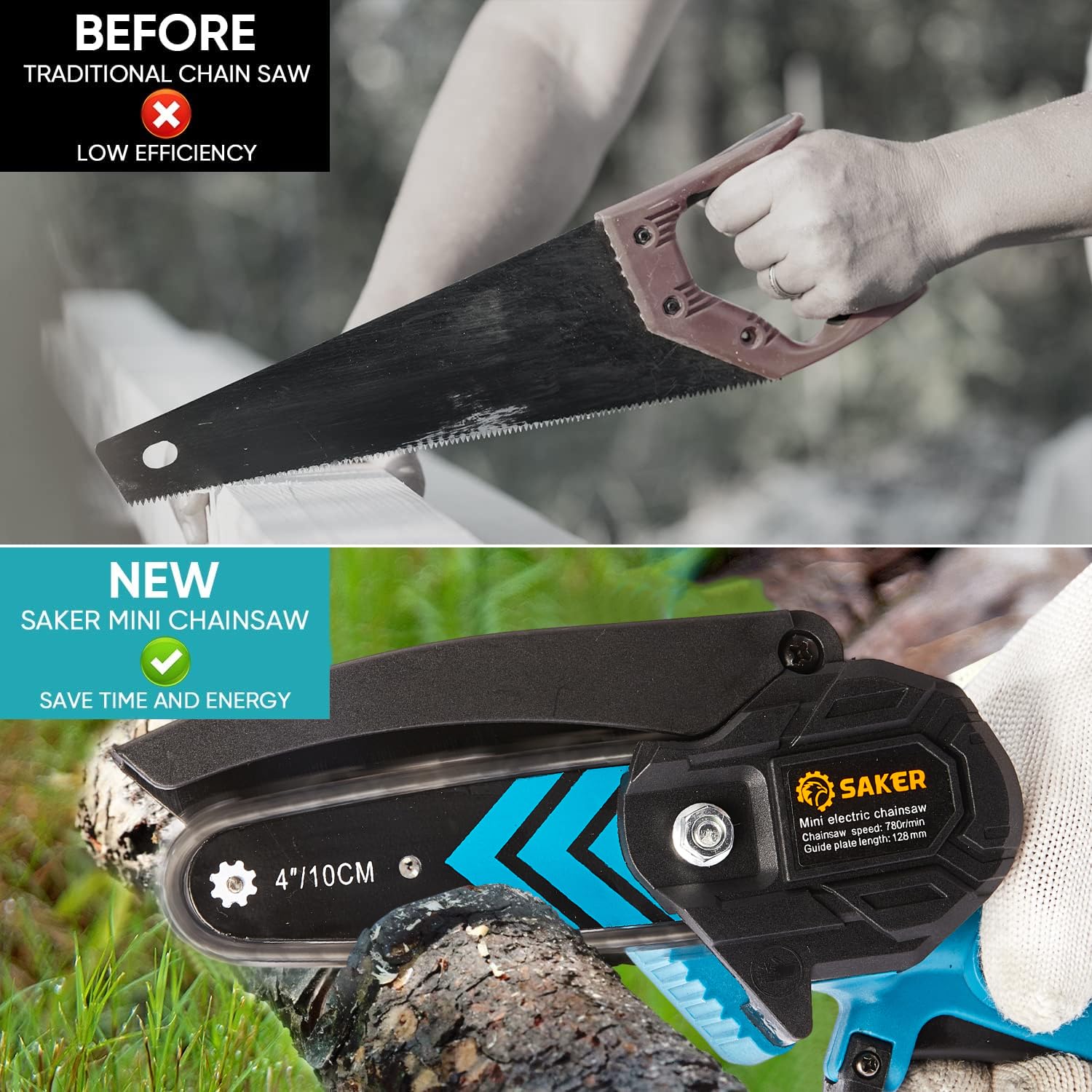 Saker Mini Chainsaw with battery attached, ready for use
