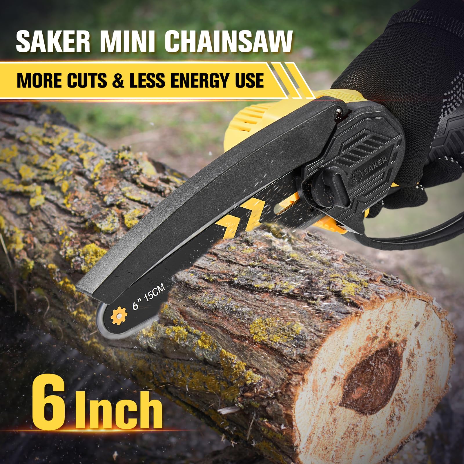 Saker Mini Chainsaw with battery displayed on a workbench