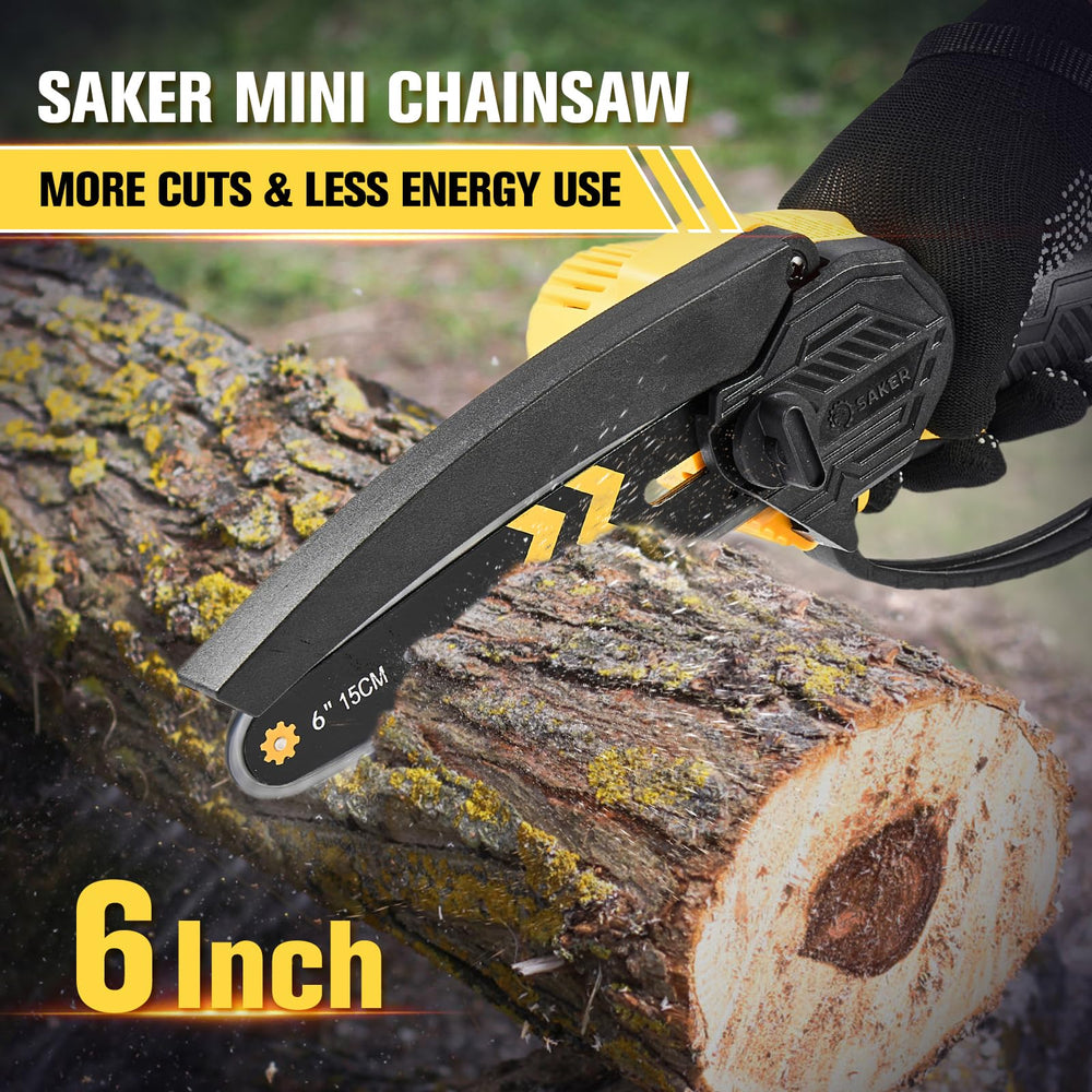 Saker Mini Chainsaw with battery displayed on a workbench