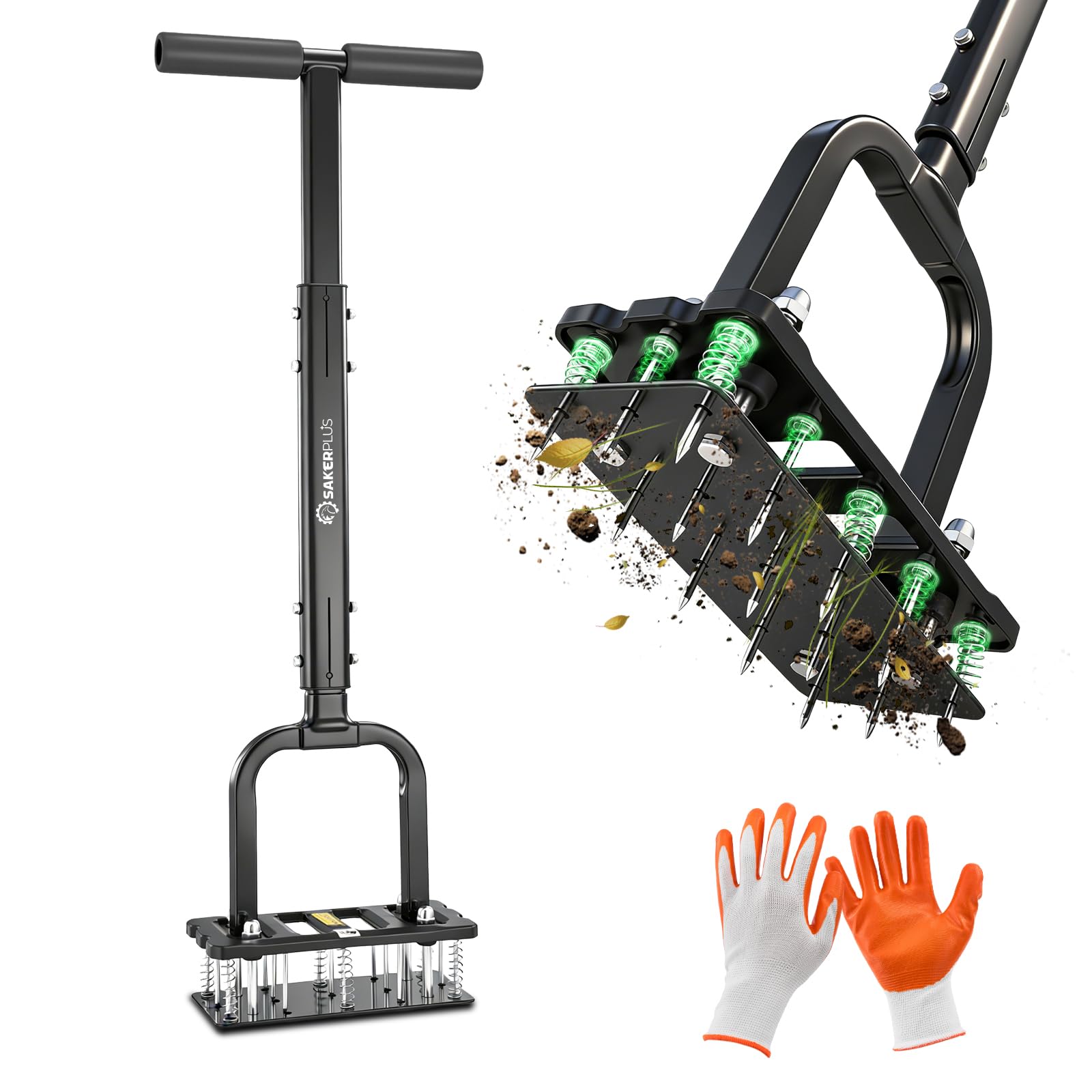 SakerPlus Aerator Lawn Tool front view with Pro-Black handle