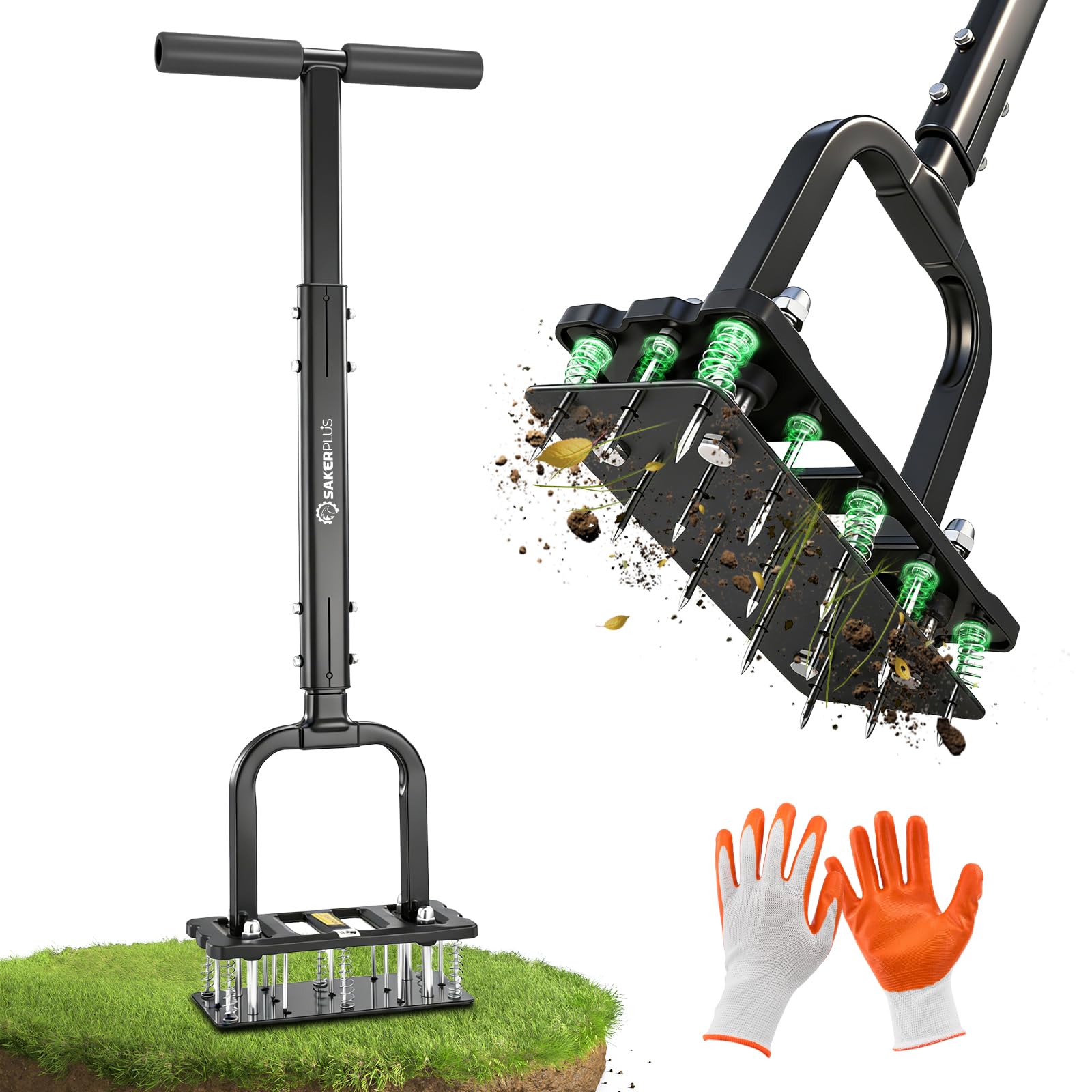 SakerPlus Aerator Lawn Tool with self-cleaning tines feature