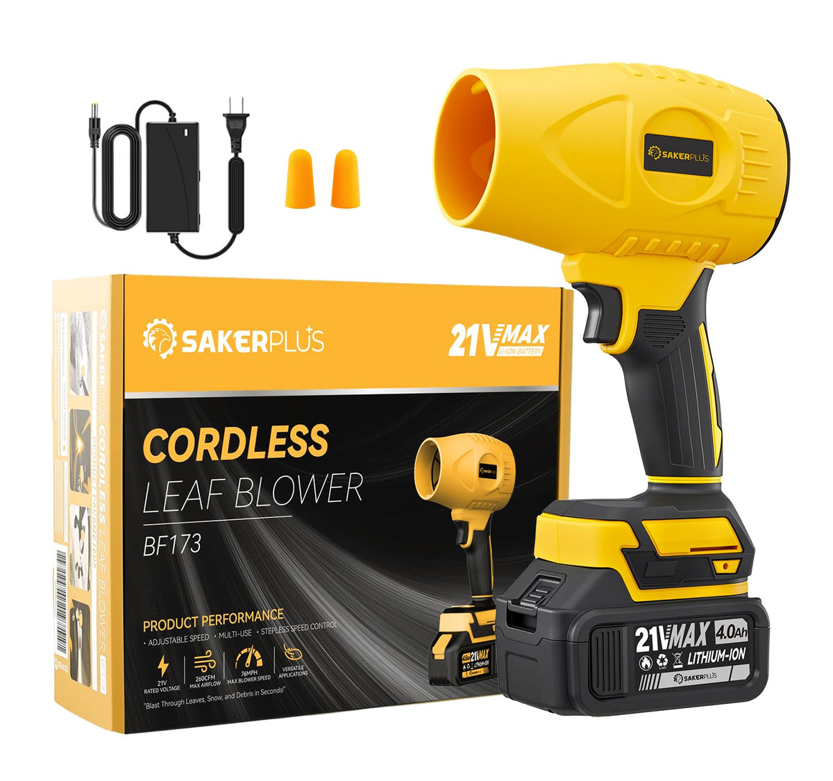 SakerPlus Cordless Leaf Blower front view in yellow