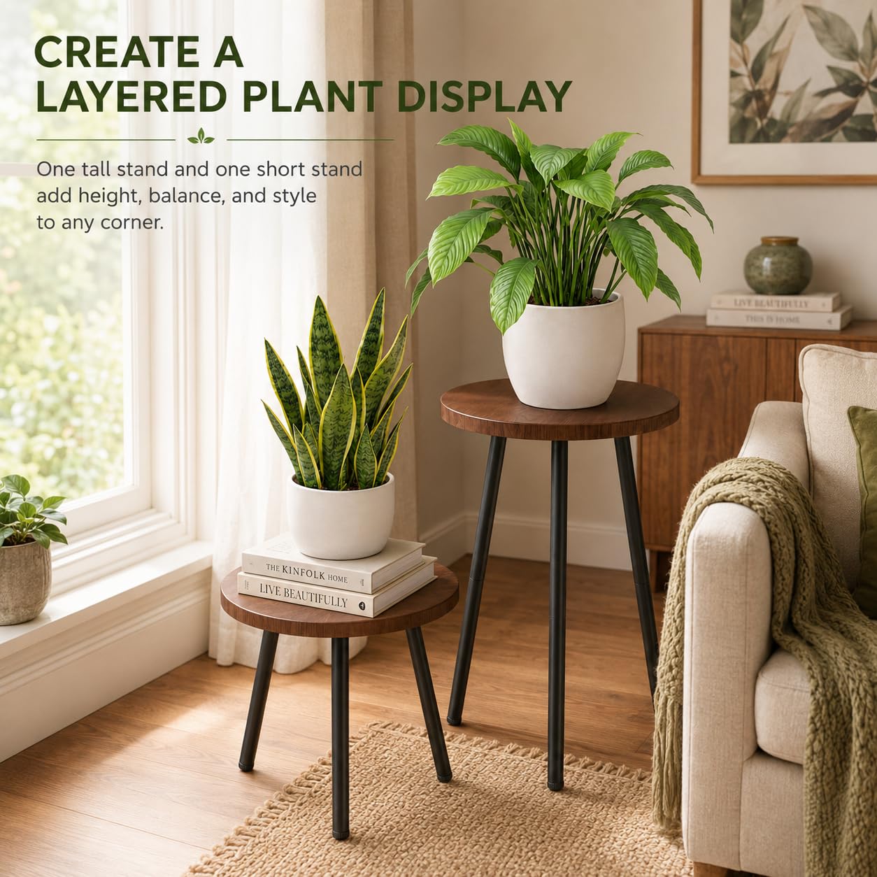 SAKSUN Indoor Plant Stand with metal legs and wooden top