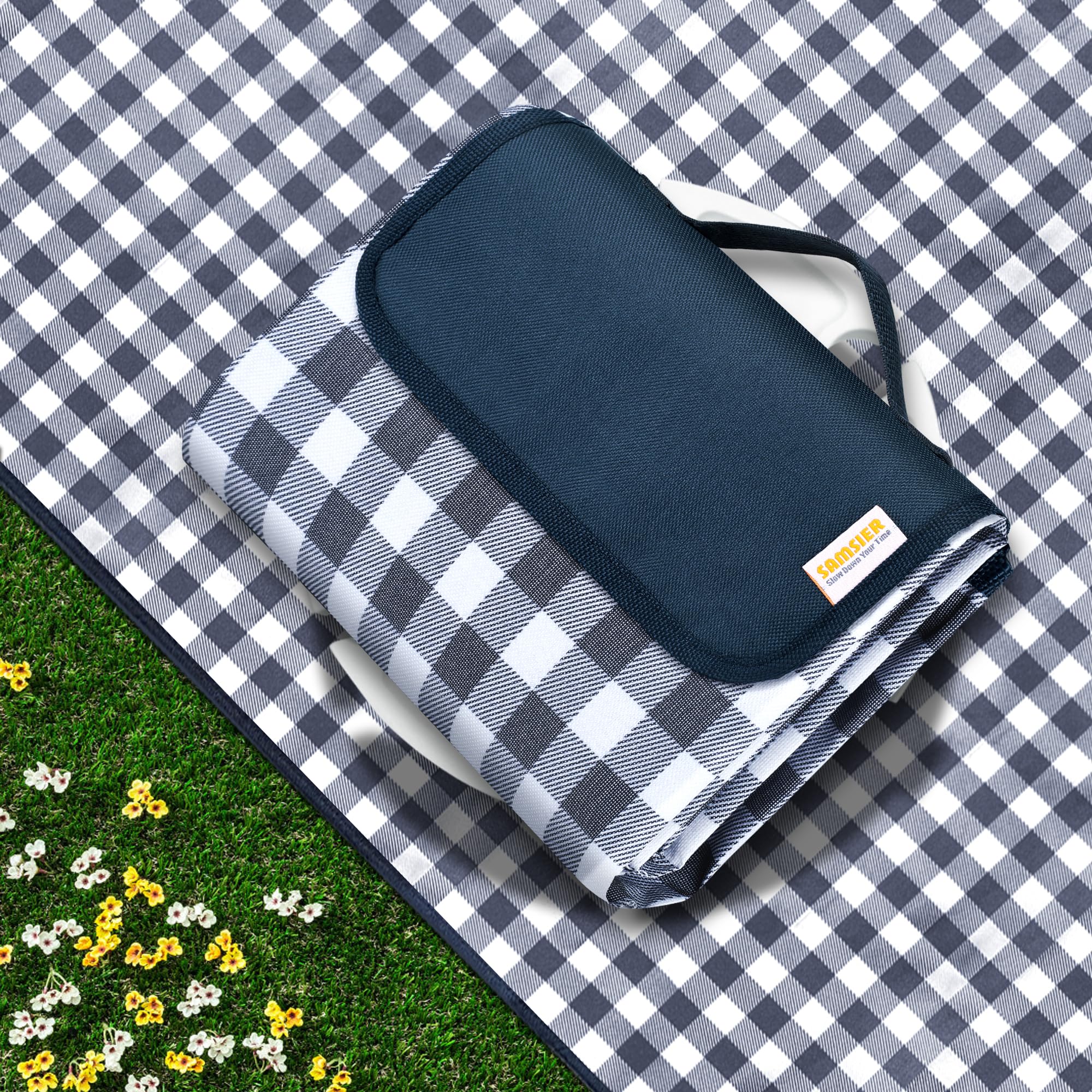 SAMSIER Outdoor Picnic Blanket Navy Blue front view 60"x80"