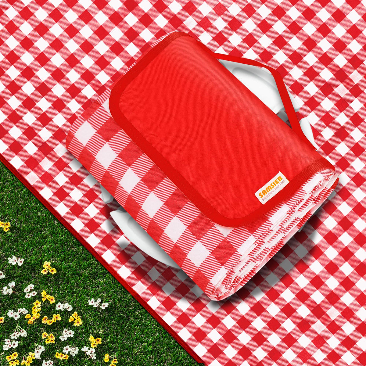 SAMSIER red picnic blanket front view, 60"×80"