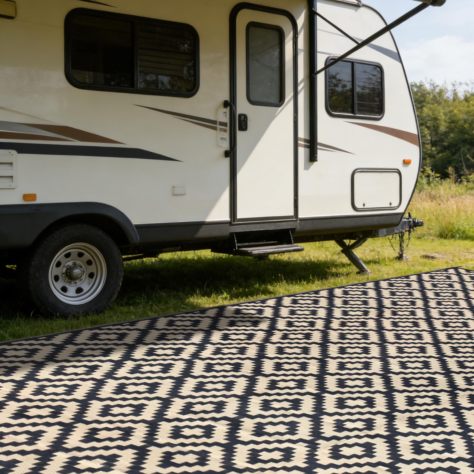 SAND MINE outdoor rug displaying its lightweight and foldable feature