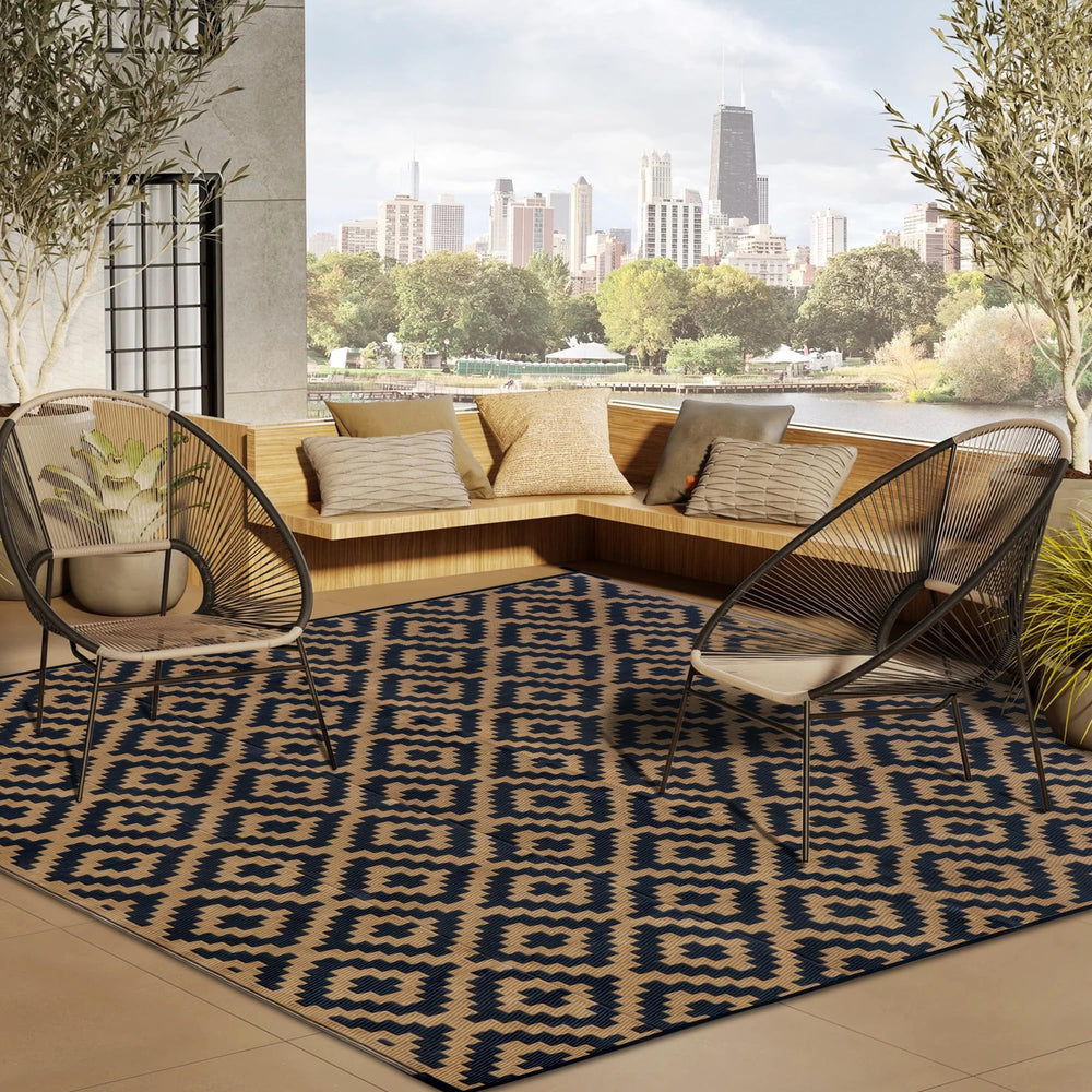 SAND MINE outdoor rug in backyard setting