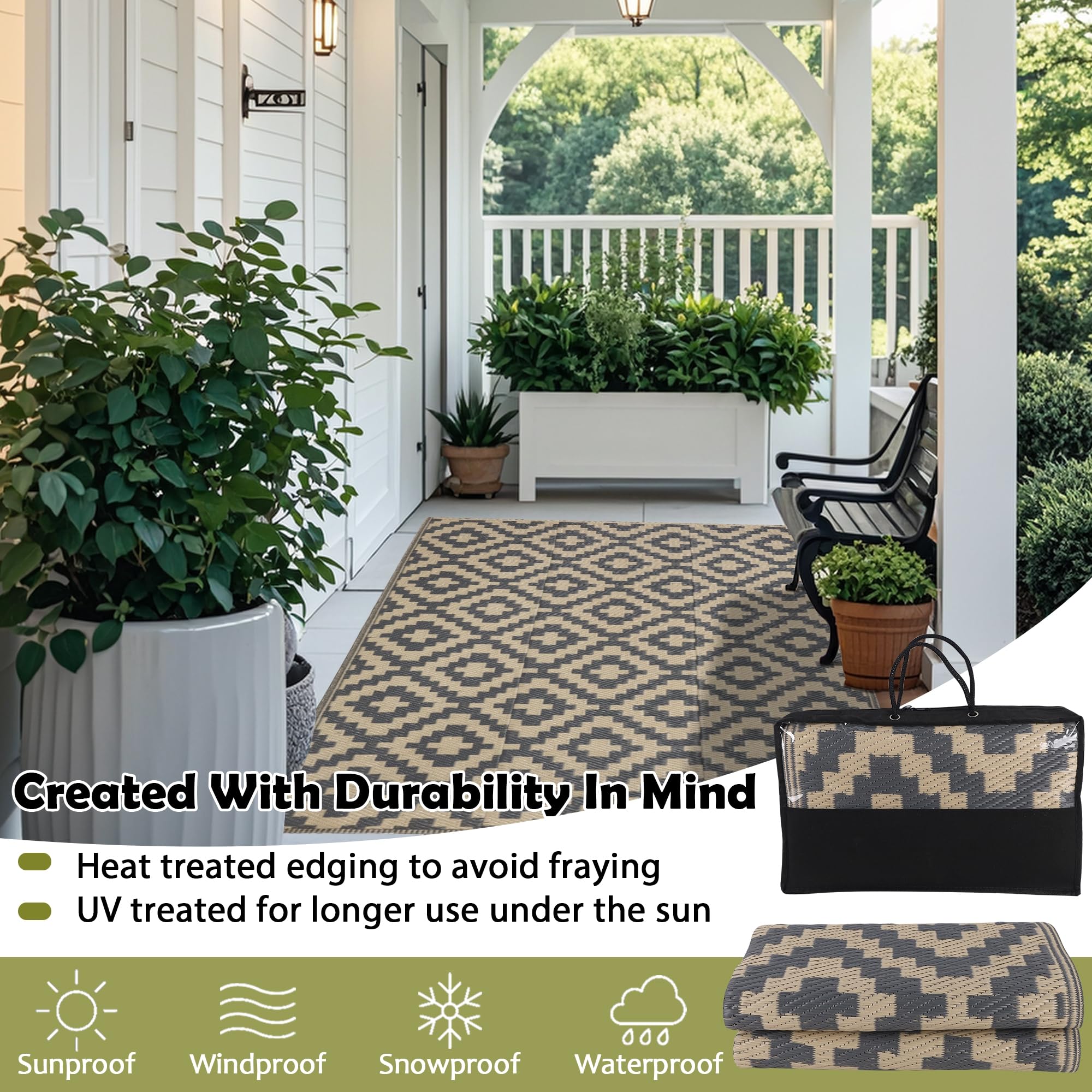SAND MINE outdoor rug on patio with furniture