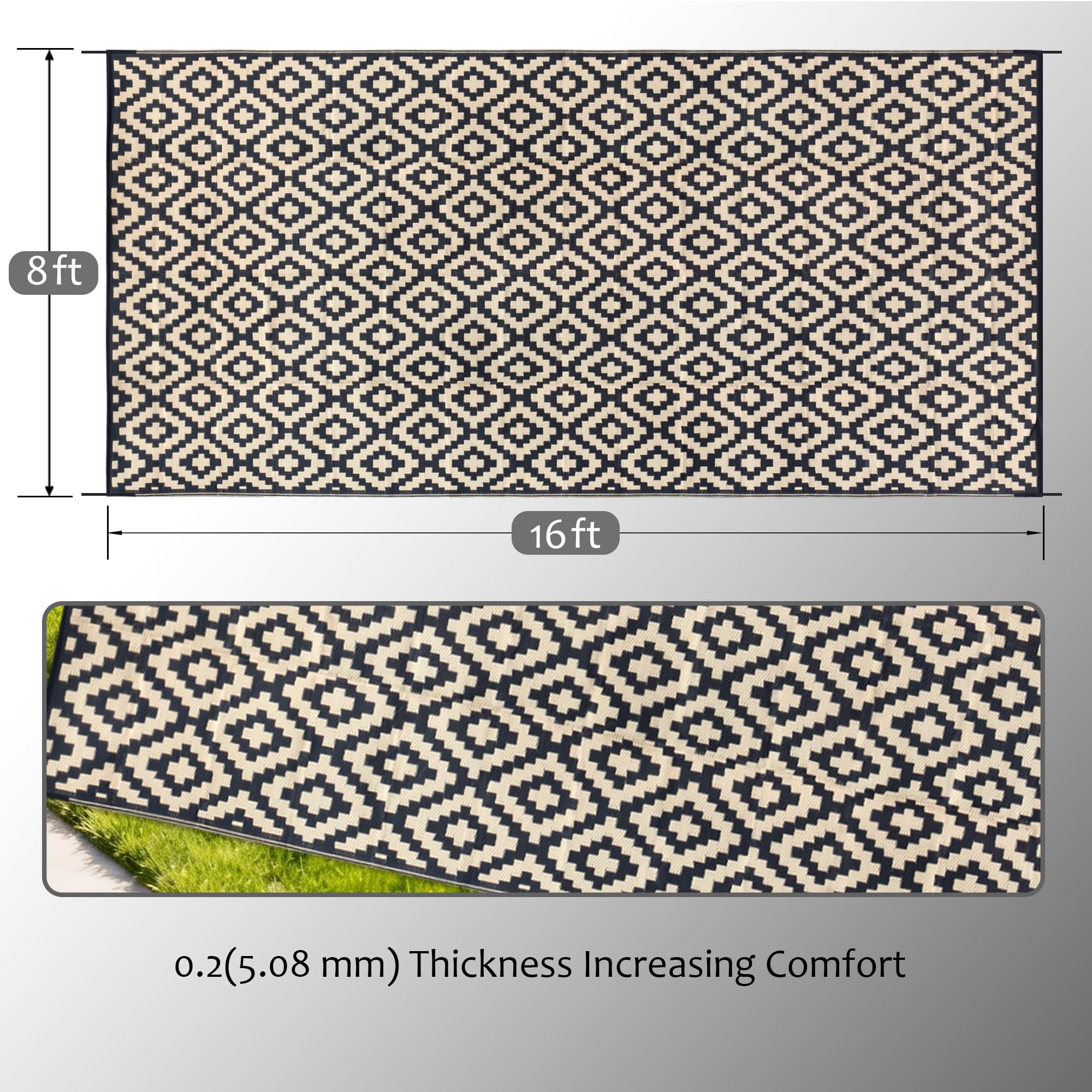 SAND MINE outdoor rug showing the black and beige geometric pattern