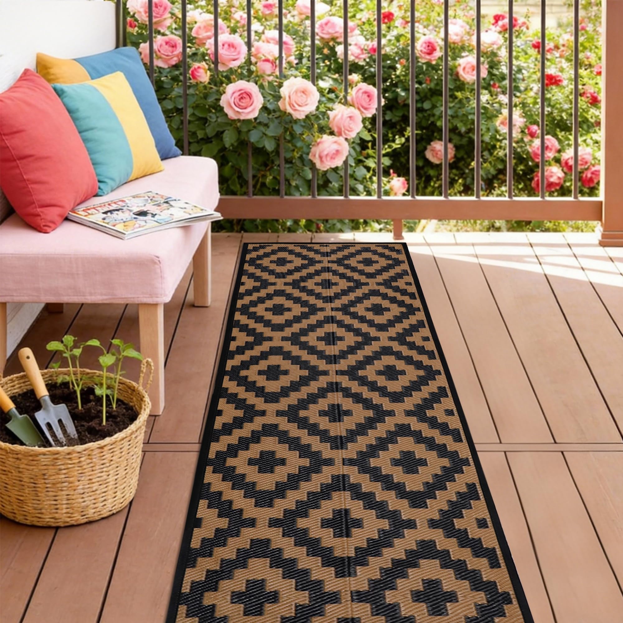 SAND MINE Reversible Outdoor Mat 2.5' x 8' black and brown front view