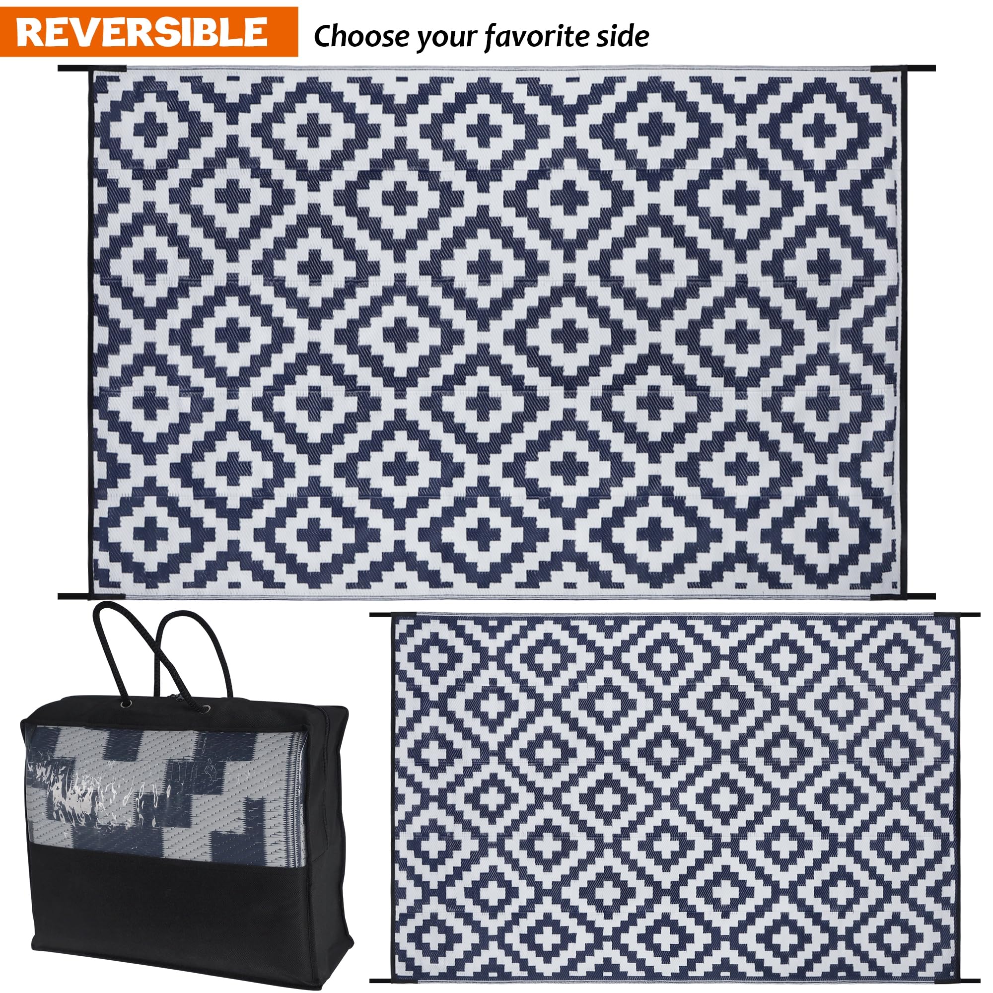 SAND MINE Reversible Outdoor Mat on a patio with furniture