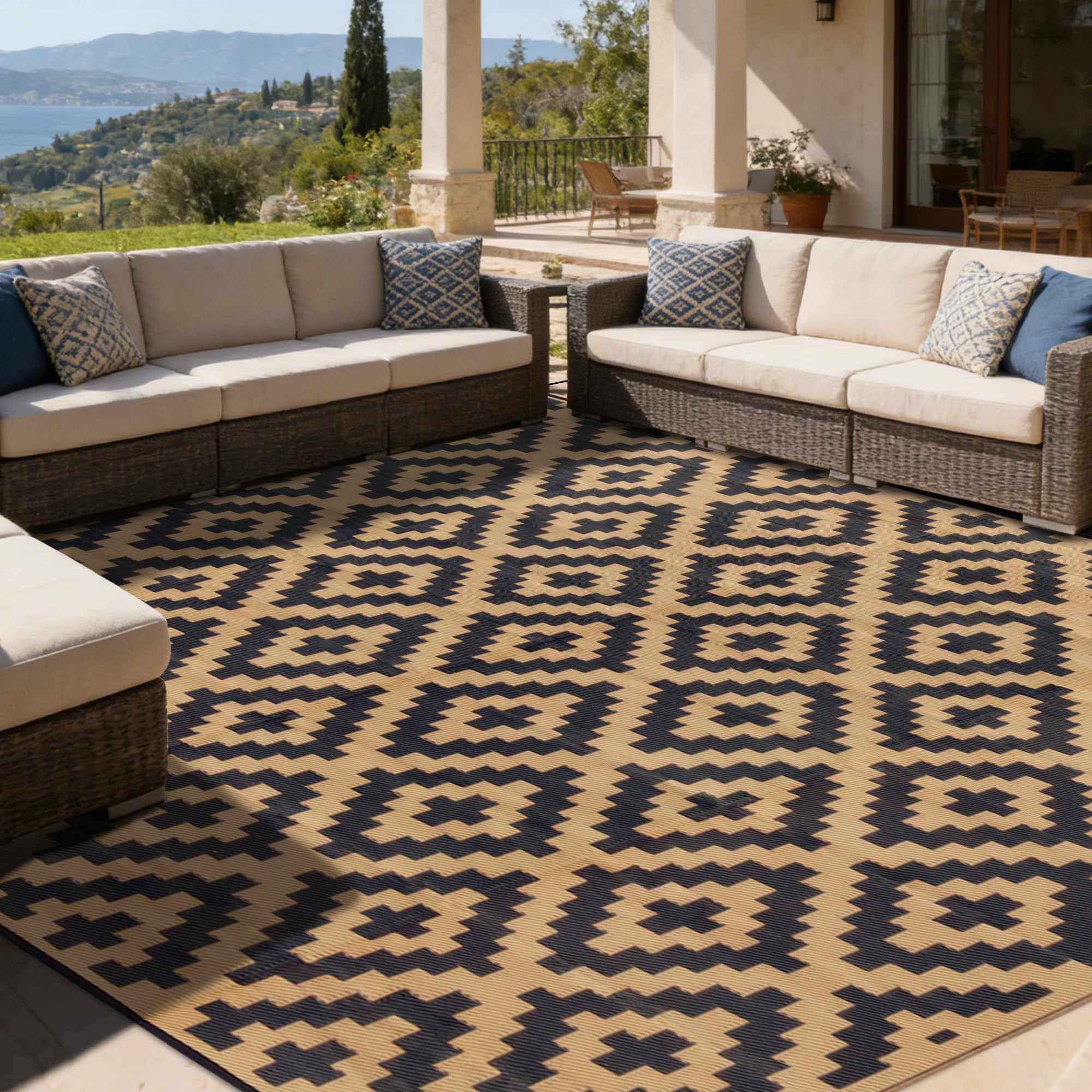 SAND MINE Reversible Outdoor Rug 10' x 10' in Black and Brown, front view