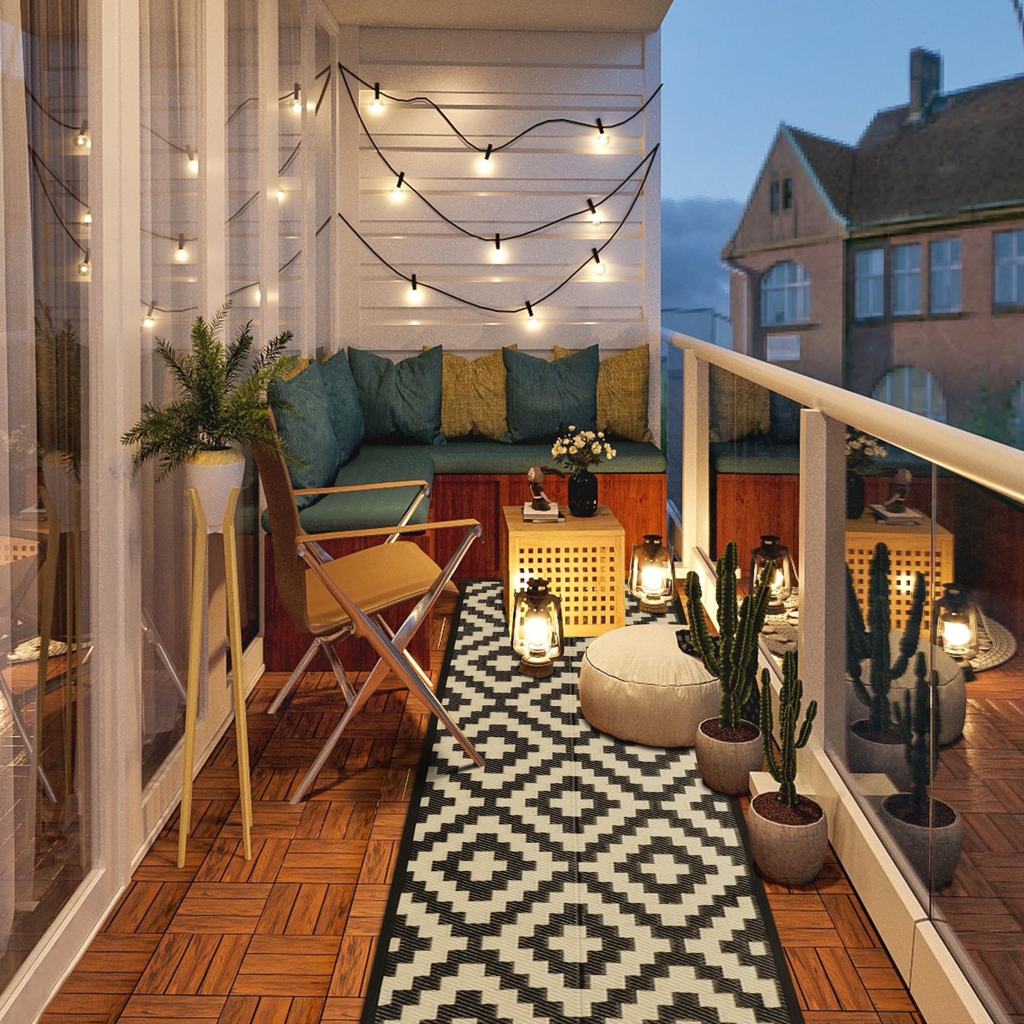SAND MINE Reversible Outdoor Rug on a patio with furniture