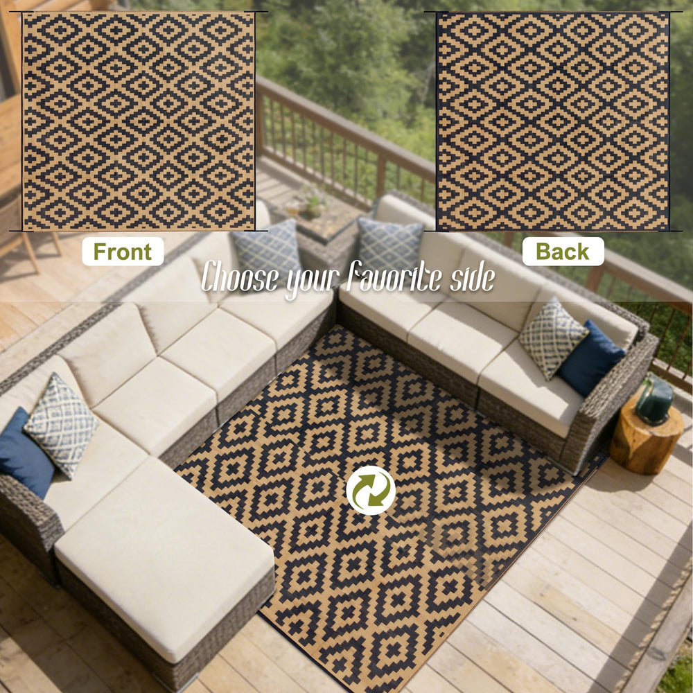 SAND MINE Reversible Rug in outdoor setting, patio with furniture