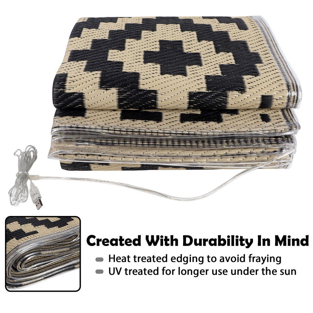 SAND MINE rug set up on a patio with outdoor furniture