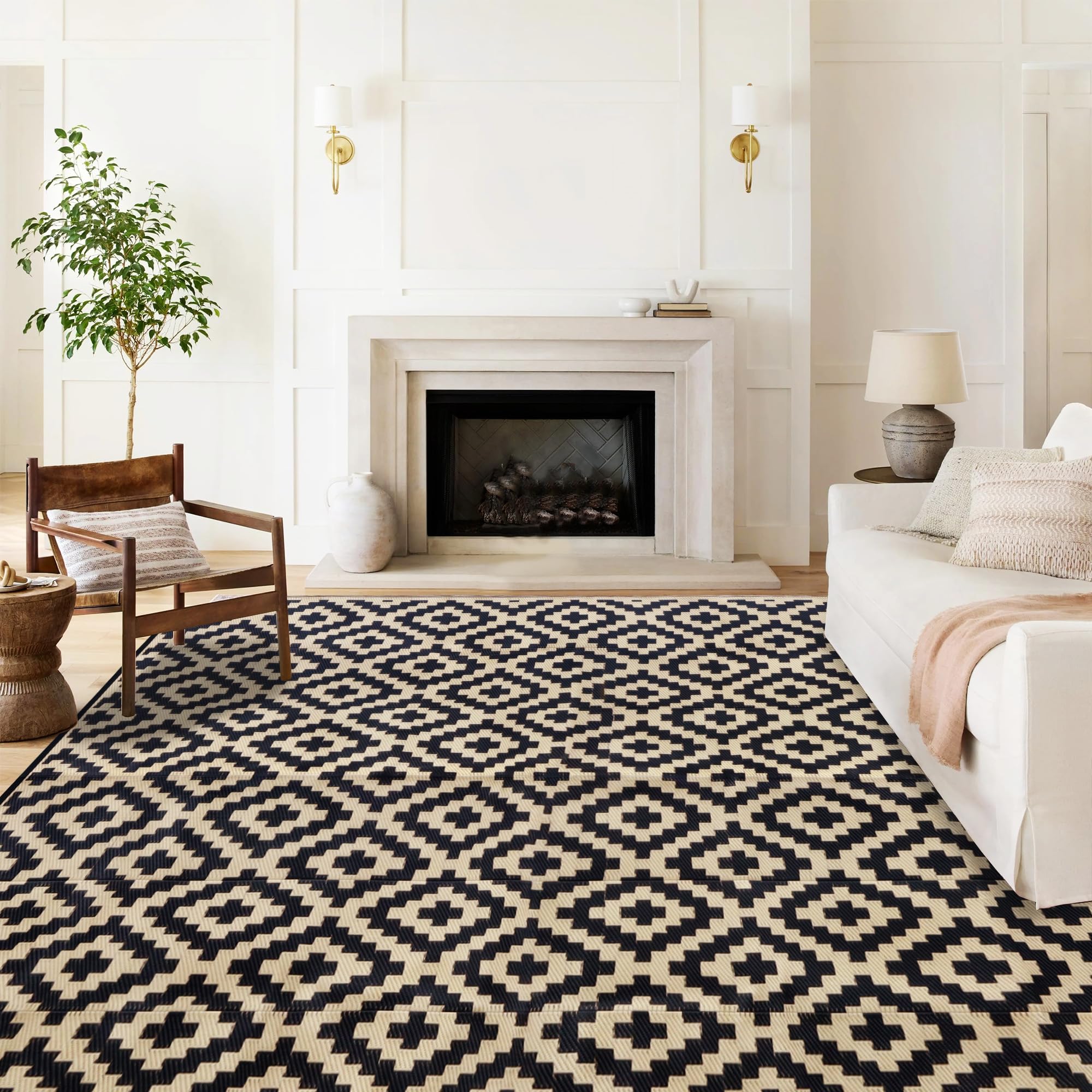 SAND MINE Waterproof Outdoor Rug 8x10 ft front view in black and beige