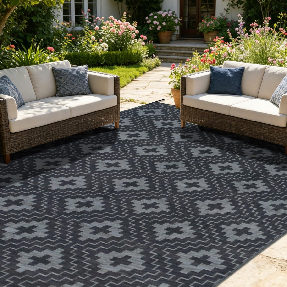 SAND MINE Waterproof Outdoor Rug 9x12 ft front view, black and grey