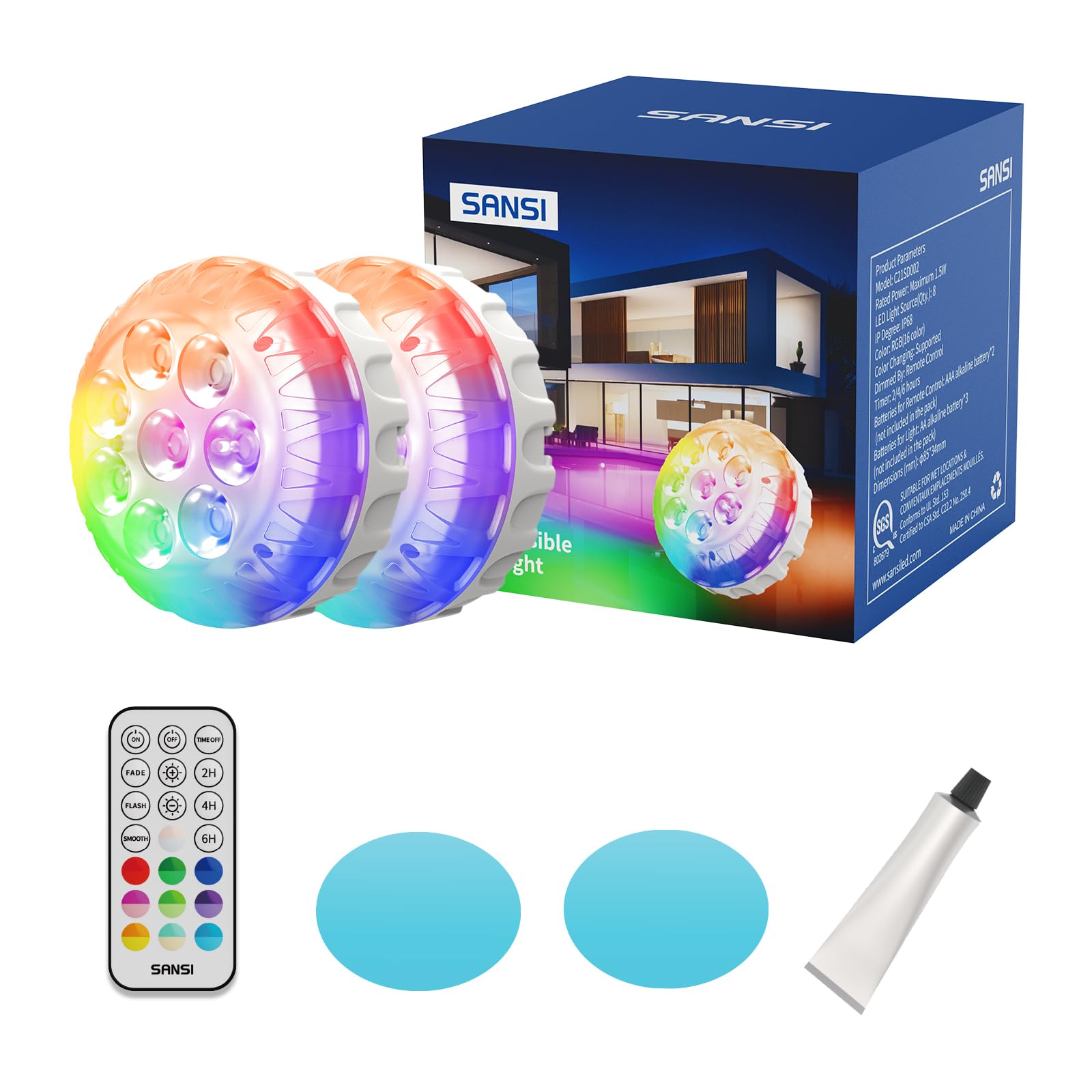 SANSI LED Submersible Lights front view with RGB colours