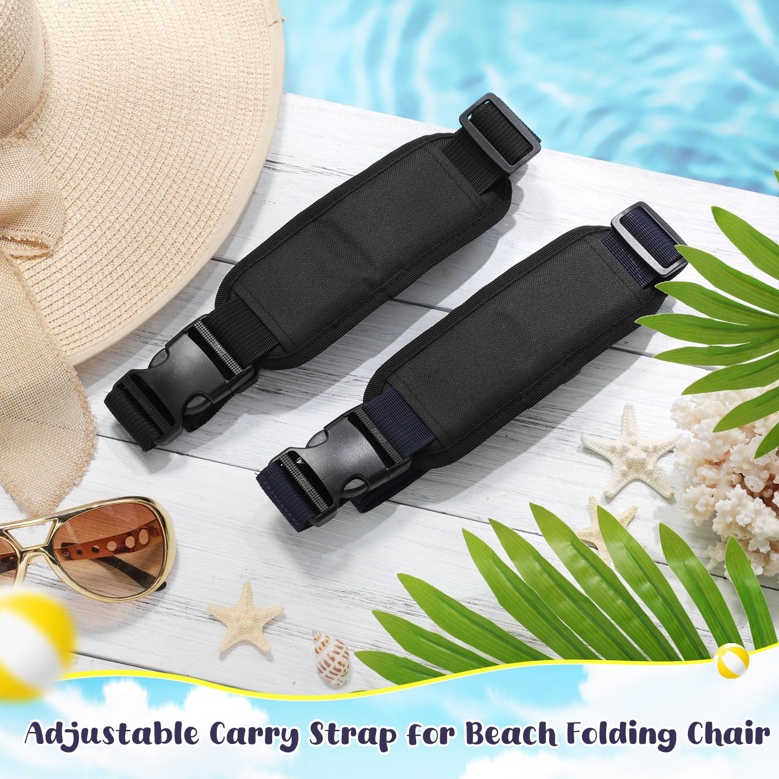 Sanwuta Adjustable Chair Carry Strap displayed with foldable beach chairs