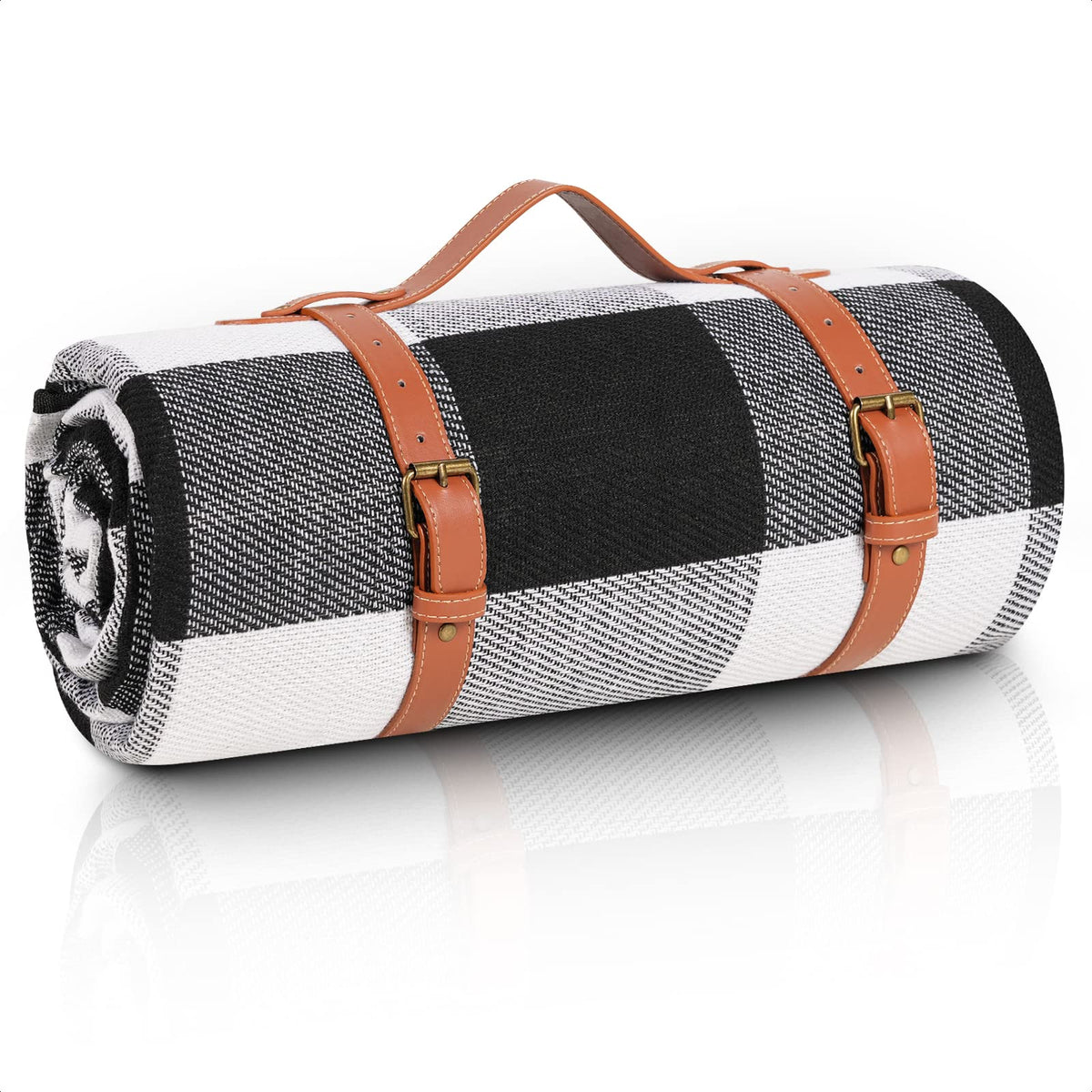 sapsisel 80x60 picnic blanket in black and white grids, rolled up