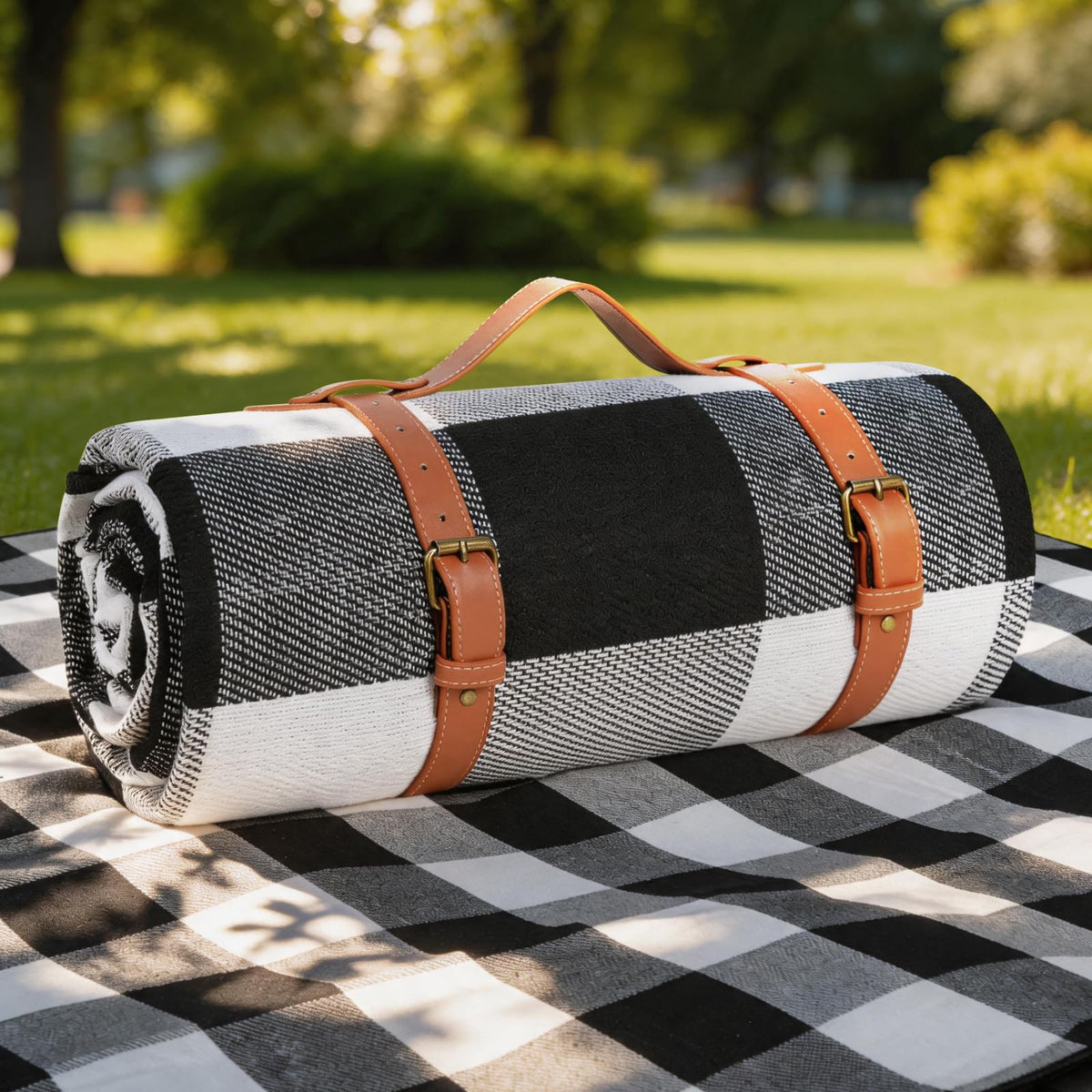 sapsisel 80x80 picnic blanket front view with black and white grids