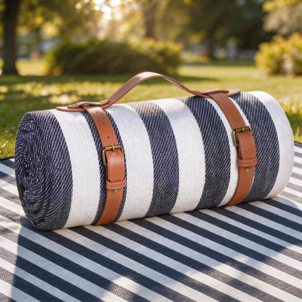sapsisel Extra Large Picnic Blanket 80" x 80" front view in blue and white