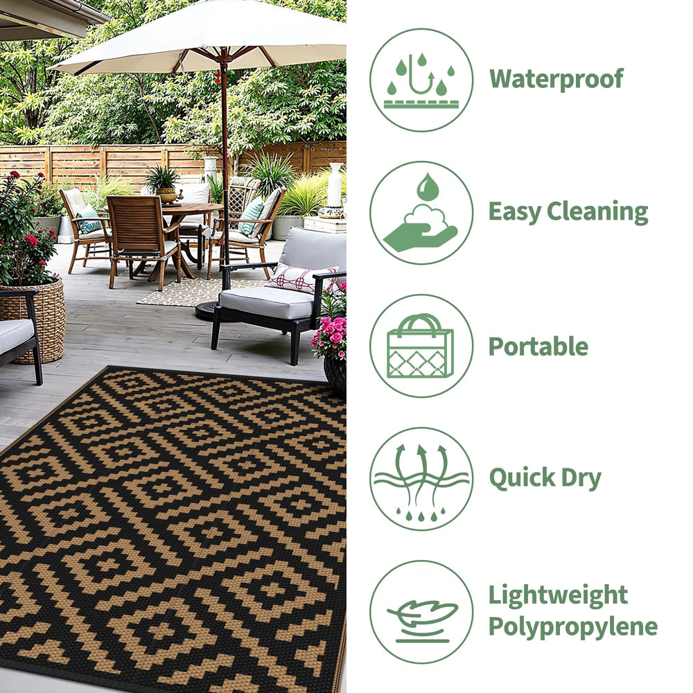 sarben Outdoor Rug displayed in an outdoor setting
