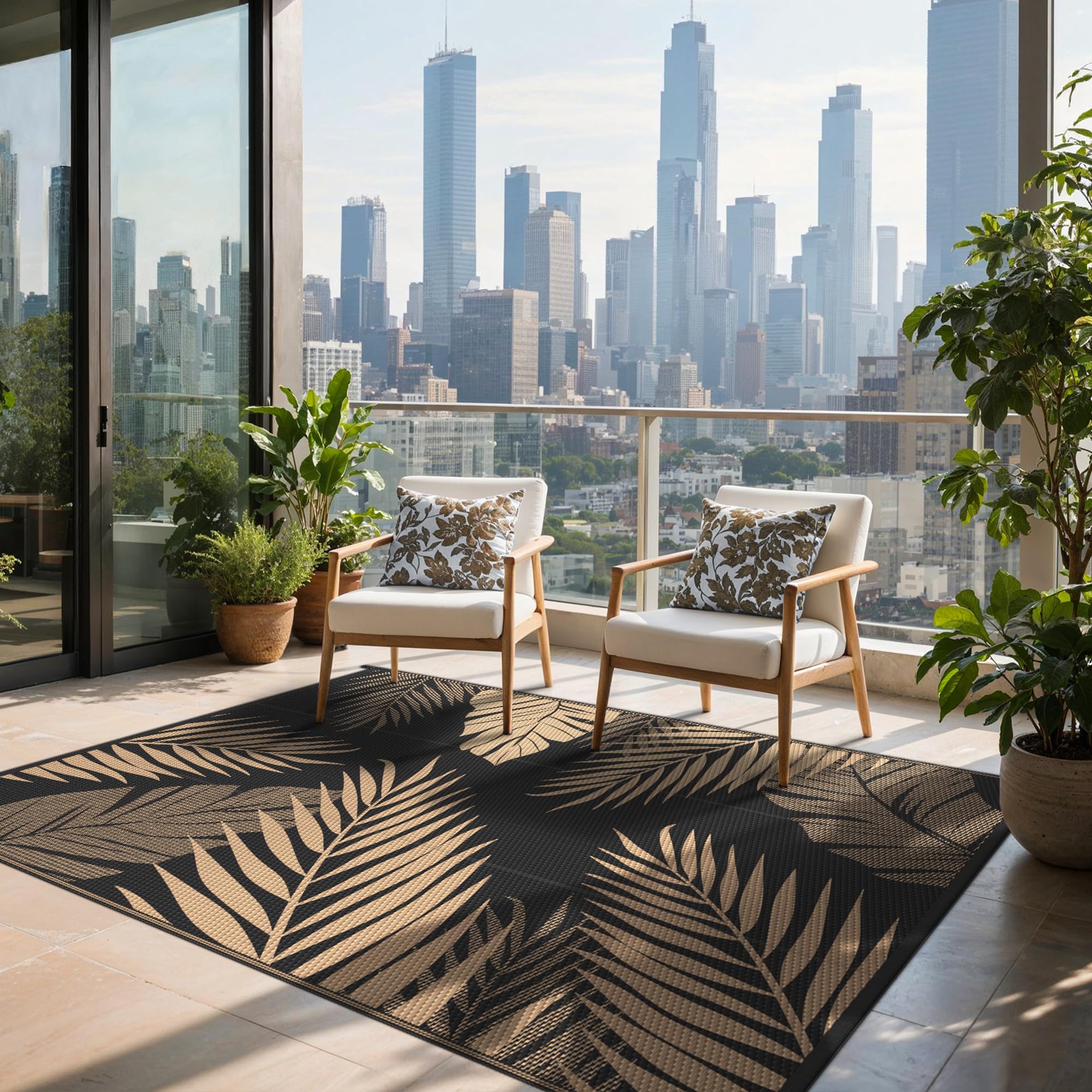 sarben Outdoor Rug displayed on a patio setting