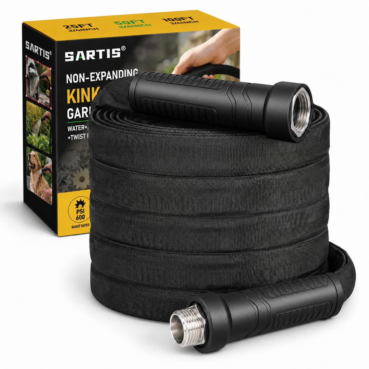 Sartis 100 ft garden hose black model front view