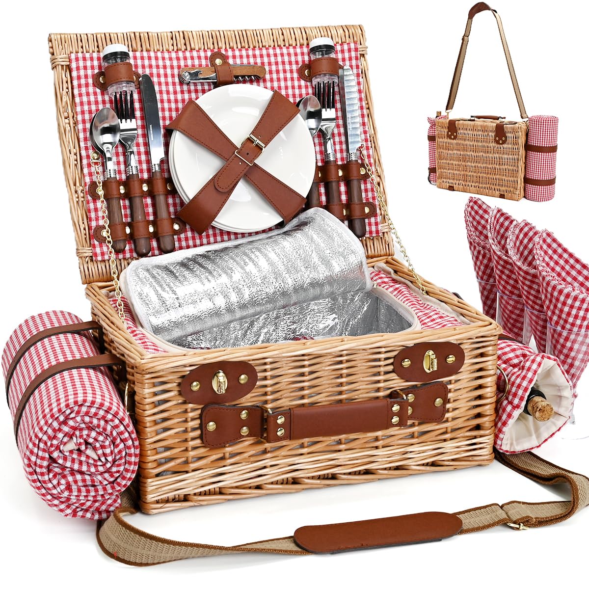 SatisInside Picnic Basket for 4 in red gingham with blanket