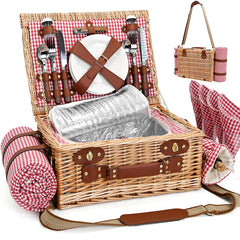 SatisInside Picnic Basket for 4 in red gingham with blanket