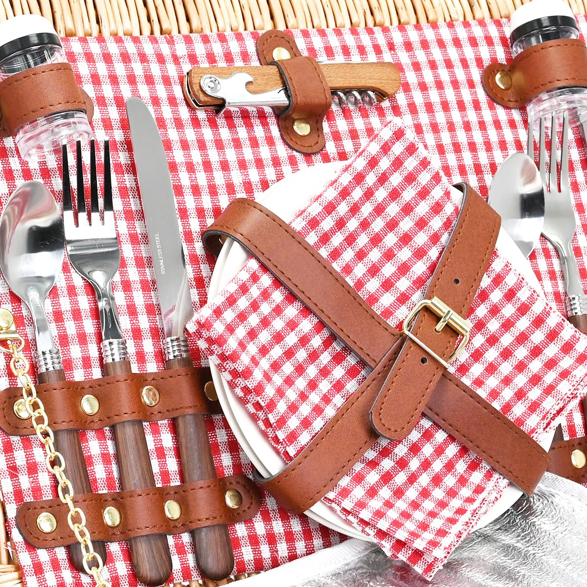 SatisInside Picnic Basket in storage with blanket folded inside