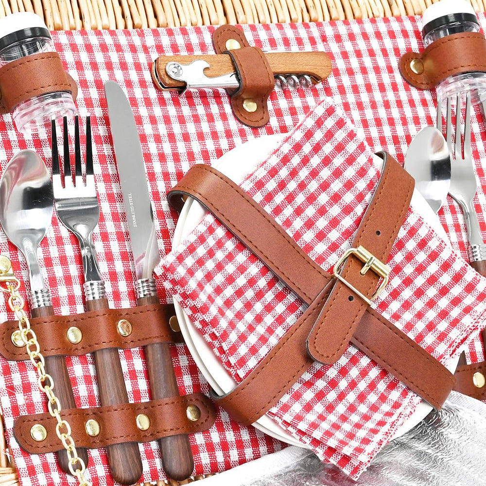 SatisInside Picnic Basket in storage with blanket folded inside
