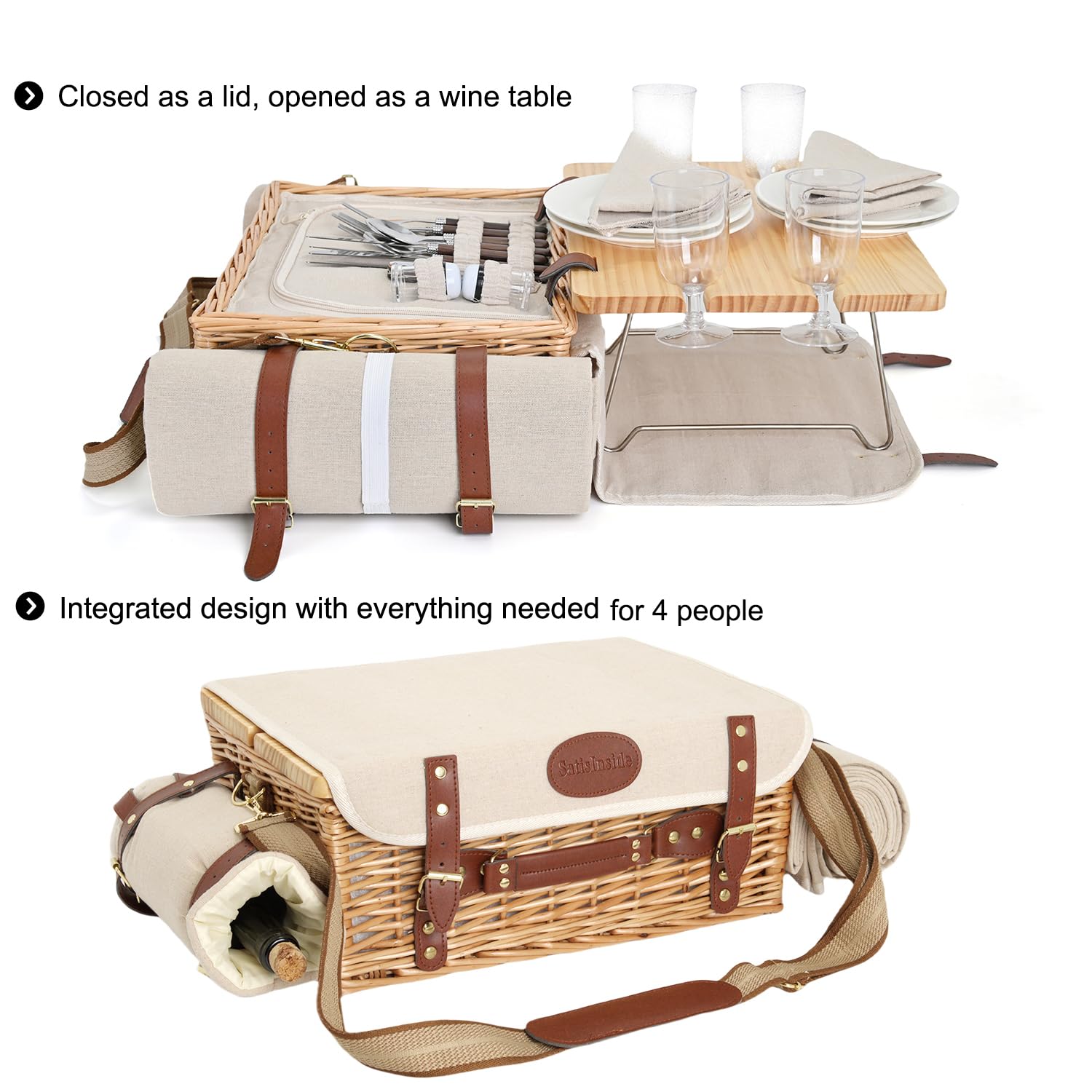 SatisInside picnic basket open showing full tableware set