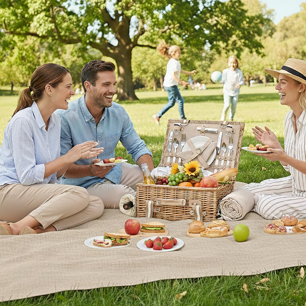 SatisInside picnic basket open showing tableware for two